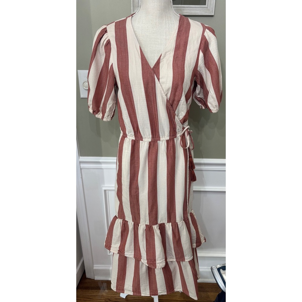 Knox Rose Red Cream Striped Wrap Midi Dress Short Puff Sleeve Cotton Small